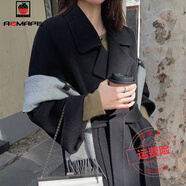 AEMAPE毛呢外套女2025春秋韓版寬松系帶加厚雙面絨百搭顯瘦長款大衣女 黑色  XS _建議105斤以下