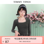 糖力【商場同款】春秋季新款長袖方領(lǐng)T恤女短款顯瘦打底衫上衣 灰色 S