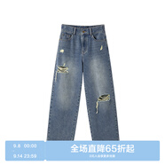 樂(lè )町夏季新款松緊腰破洞牛仔錐形褲女C2HAE2338 牛仔藍 S