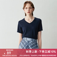 顏域簡(jiǎn)約純色短袖T恤女夏裝新款時(shí)尚氣質(zhì)ol通勤直筒顯瘦上衣 深藍(lán) S