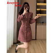 蔻伊婭（Kouyiya）品牌女裝新品復古千鳥(niǎo)格連衣裙女2025秋冬季高級感收腰氣質(zhì)裙子女 酒紅色 S