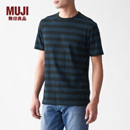 無(wú)印良品 MUJI 男式 粗細(xì)不均棉線 天竺編織 條紋短袖T恤 ABB04A0S 深海軍藍(lán)X圖案 M