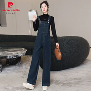皮爾卡丹（pierre cardin）牛仔背帶闊腿褲女2025年新款春秋季高腰休閑寬松直筒吊帶連體長(cháng)褲 高品質(zhì) 深藍色 S 建議100斤以下