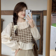 寧蔚（NINGWEI）2026春秋新款淑女襯衫設計感格子拼接女裝假兩件氣質(zhì)長(cháng)袖上衣YJJ 杏色 S