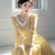 夏典素訂女王（SE.PSTP）黃色連衣裙2026秋新款法式高級雪紡氣質(zhì)度假長(cháng)裙V領(lǐng)大擺裙拖地裙 黃色 L -100斤-115斤