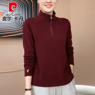 皮爾卡丹立領(lǐng)半拉鏈加絨衛(wèi)衣秋冬2025新款洋氣媽媽裝寬松長袖T恤內(nèi)搭體恤 酒紅色 M