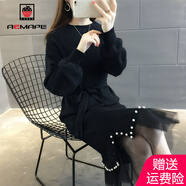 AEMAPE 長(cháng)款半高領(lǐng)釘珠針織毛衣裙2025春秋冬季新款韓版連衣裙女 黑色_網(wǎng)紗下擺兩 M _90斤-105斤