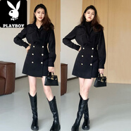 花花公子（PLAYBOY）半高領(lǐng)紅色連衣裙子女秋冬2025新款新年新過(guò)年穿搭假兩件氣質(zhì)短裙 黑色短款版一套入冬穿搭/連身裙/毛衣裙/冬天配大衣的 XL 60/65kg