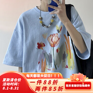雪萊瓊斯（Shelley Jones）花卉印花t恤男士夏季新款寬松港風(fēng)青少年學(xué)生百搭潮流ins五分袖 淺藍色 L