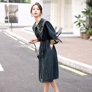 木清清秋季重工刺繡復古牛仔裙娃娃領(lǐng)連衣裙2025新款高端精致洋氣小個(gè)子 藍色【送腰帶】 2XL 【125-145斤】