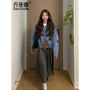 丹珠娜（DanZhuNa）針織連衣裙秋季新款女裝套裝開(kāi)衫秋冬日系慵懶風(fēng)復古長(cháng)裙子兩件套 藍色針織衫+灰色裙子 L
