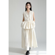 日系設計師款氣質(zhì)V領(lǐng)荷葉邊花苞襯衫連衣裙無(wú)袖背心云朵蓬蓬裙 杏色裙子+珍珠項鏈 均碼