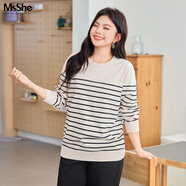 MsShe【條紋針織衫t恤打底衫】大碼女裝2025秋冬胖妹妹顯瘦上衣 仿兔絨紗厚款-淺杏色現貨 2XL