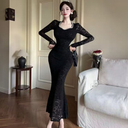 微愛(ài)的小松鼠（weiaidexiaosongshu）法式溫柔風(fēng)魚(yú)尾裙甜美減齡長(zhǎng)袖訂珠蕾絲連衣裙收腰中長(zhǎng)禮服裙 黑色 S