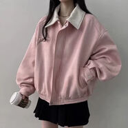 MOSTSPOT韓國chic秋冬長(cháng)袖慵懶風(fēng)外套女設計感撞色翻領(lǐng)寬松休閑棒球服夾克 粉紅色 M