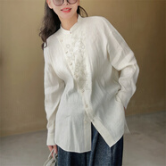 FAYINYOO金線真絲亞麻釘珠刺繡新中式上衣女闊版不規(guī)則門(mén)襟襯衫中長(zhǎng)D51042 米白色 M