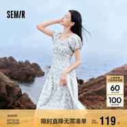 森馬連衣裙女溫柔氣質(zhì)白月光夏季法式方領(lǐng)收腰中長(cháng)裙107424114036