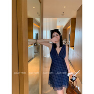 LEISURE FAIRYJULY FAIRY 海邊度假~2025夏季新款無袖V領(lǐng)雪紡格子連身裙女裙子 藏青格子-短款 M 均碼