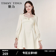 糖力【商場(chǎng)同款】溫柔千金風(fēng) 春秋新款長(cháng)袖光澤感緞面連衣裙女 杏色 S
