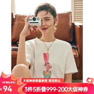 Olrain歐芮兒法式正肩短袖T恤女夏季寬松釘珠印花設(shè)計感體恤上衣 米白色 M