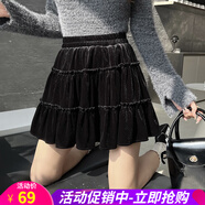 歐貝汐蛋糕裙半身裙女秋冬韓版高腰百搭甜美蓬蓬A(yù)字裙短裙 雙層花邊 S