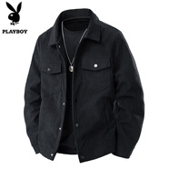 花花公子（PLAYBOY）夾克男春秋外套休閑上衣燈芯絨工裝翻領(lǐng)百搭舒適中青年潮流時尚 黑色 3XL （建議160-175斤）
