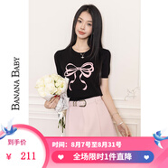 香蕉寶貝2024夏季新款百搭圓領(lǐng)針織衫女甜美蝴蝶結(jié)薄款短袖上衣D242MY147 黑色 S