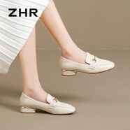 ZHR單鞋女英倫風(fēng)舒適方頭樂福鞋女兩穿粗跟透氣皮鞋女 K196 米色 39