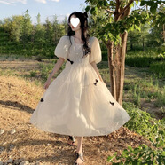 詩(shī)椿聆森系連衣裙少女夏裝2024新款初中高中學(xué)生甜美溫柔公主網(wǎng)紗 杏色 S