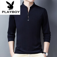 花花公子（PLAYBOY）純棉長(zhǎng)袖T恤男休閑薄 款體恤上衣夏春秋冬季中年男裝立領(lǐng)打底 長(zhǎng)袖6623上青 薄款 L 170建議120-140斤