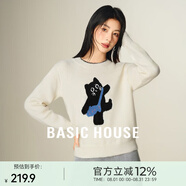 Basic House/百家好復古灰色小貓?zhí)峄戮d羊毛圓領(lǐng)正肩針織上衣 白色 XL