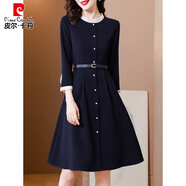 皮爾卡丹（pierre cardin）法式氣質(zhì)高級感長(cháng)袖連衣裙女春秋季大碼收腰遮肚顯瘦高端歐貨裙子 藍色 【今年流行漂亮裙子/高端連衣裙奢華/氣質(zhì)高級 2XL 【120-130斤】