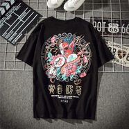 弄浪（nonglong）夏季圓領(lǐng)三只鶴印花男潮流t恤韓版ins港風(fēng)休閑男裝 T19黑色 M