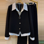 筑凡加肥加大300斤特大碼女裝套裝胖妹妹條紋襯衫領(lǐng)假兩件上衣特大號 黑色上衣 2XL 建議150/180