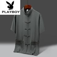 花花公子（PLAYBOY）中老年短半袖棉麻唐裝套裝父親夏裝爸爸立領襯衣老人爺爺夏季衣服 深灰色【上衣】 2XL 41/175【130-145斤】