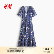 H&M女裝2025秋季新款印花斜紋布短袖泡泡袖V領(lǐng)喇叭形連身裙1297789 白色/藍(lán)色花卉 S 160/88