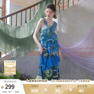 兩三事度假超仙的裙子女夏季紫色油畫藝術(shù)吊帶海邊連衣裙云霧睡蓮 藍(lán)色 L