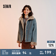 森馬（Semir）牛仔棉服女拼接毛領(lǐng)美式復(fù)古2024冬寬松毛邊夾克街頭潮流 牛仔黃泥染80325 XS 150/76A