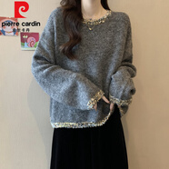 皮爾卡丹（pierre cardin）大碼女裝秋冬法式小香風(fēng)亮片套頭毛衣內搭胖mm顯瘦灰色針織衫上衣 深灰【今年流行/設計感小眾/冷淡系高級感/別致 L 【100-120斤】