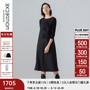例外（EXCEPTION）新中式女裝春秋款羊毛長裙混紡長袖繡花A字連衣裙 黑色/99 S