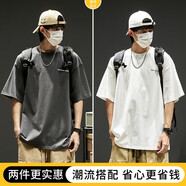 木清清短袖男ins潮牌t恤美式復古百搭寬松簡(jiǎn)約體恤日系高街青少年半截袖 白色+灰色 M