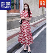 羅蒙法式連衣裙女裝2024夏季新款茶歇裙法式氣質(zhì)顯瘦碎花長(cháng)裙v領(lǐng)裙子 紅色 S