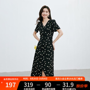 紅袖波點(diǎn)收腰連衣裙夏季新款女裝法式V領(lǐng)顯瘦減齡氣質(zhì)黑色顯白雪紡裙 黑底米點(diǎn)818 L