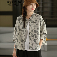 衣瑾帛社復古提花棉麻短外套女寬松文藝立領(lǐng)花朵秋款長(cháng)袖開(kāi)衫大碼外搭上衣 灰色 均碼