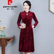 皮爾卡丹（pierre cardin）新品中老年大碼連衣裙壓花金絲絨旗袍裙5060媽媽裝遮肚顯瘦打底裙 高貴紅_【不加絨】_(壓花面料) XL _建議_90-105斤左右