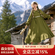 森女部落原創(chuàng)田園風森系連衣裙罩裙兩件套女新款初秋女裝 綠色（單件） 單件 M