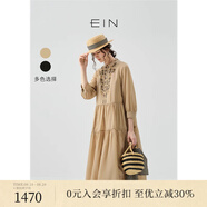 EIN言法式文藝玉蘭花十字繡小立領(lǐng)高腰分割碎褶連衣裙春新款 淺咖 M