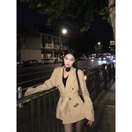 皓舒翻領(lǐng)雙排扣短款風(fēng)衣女春秋季新款感寬松墊肩小個(gè)子收腰短外套 卡其色 XS