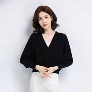 弗依郝v領(lǐng)針織衫大碼蝙蝠袖毛衣女寬松短款女士上衣2026秋裝新款開(kāi)衫 黑色 M 建議95-110斤