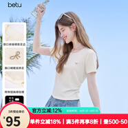 百圖betu女裝2025夏季新款T恤拼接精致花邊抽褶收腰短袖上衣女2506T04 淺黃 M